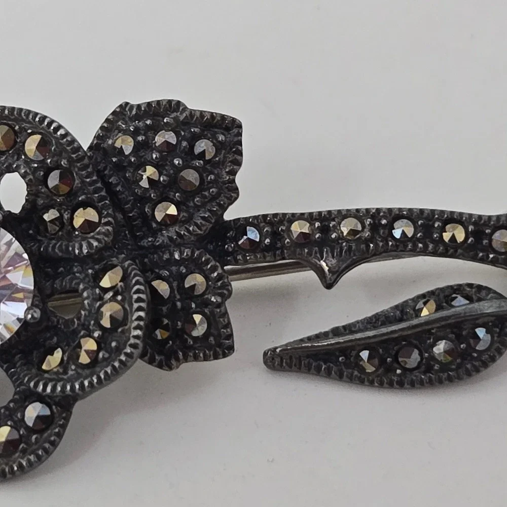 Judith Jack Sterling Silver‎ Marcasite Flower Brooch Pin Cubic Zirconia Rose JJ